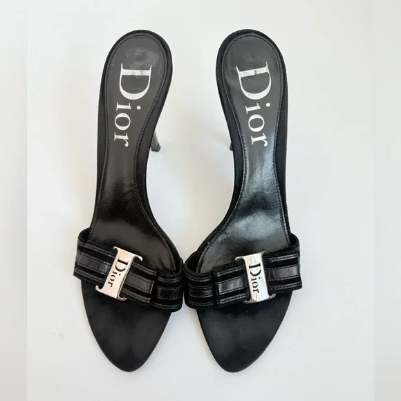 Christian Dior Y2K Black Leather Logo Plaque Kitten Heel Mules 39.5 Galliano Era - Picture 3 of 9